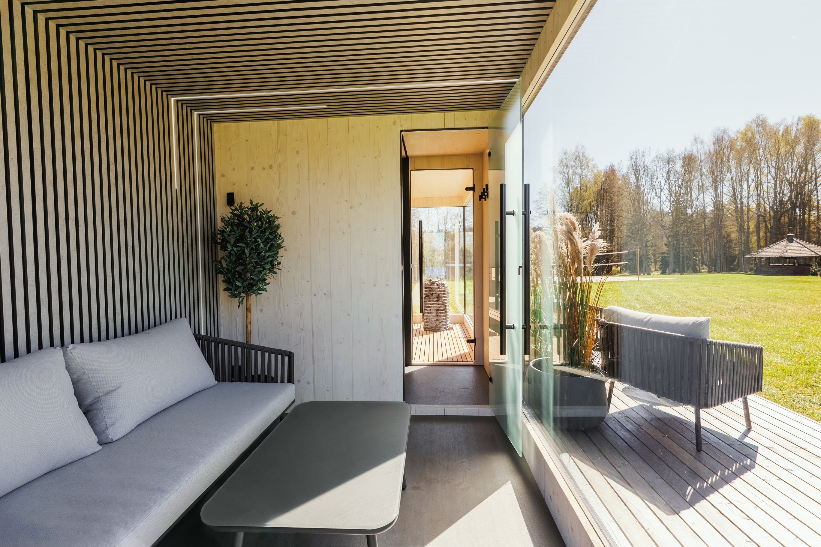 Genevas St. Moritz Pre-Assembled Outdoor Sauna with Lounge & Shower Cabin