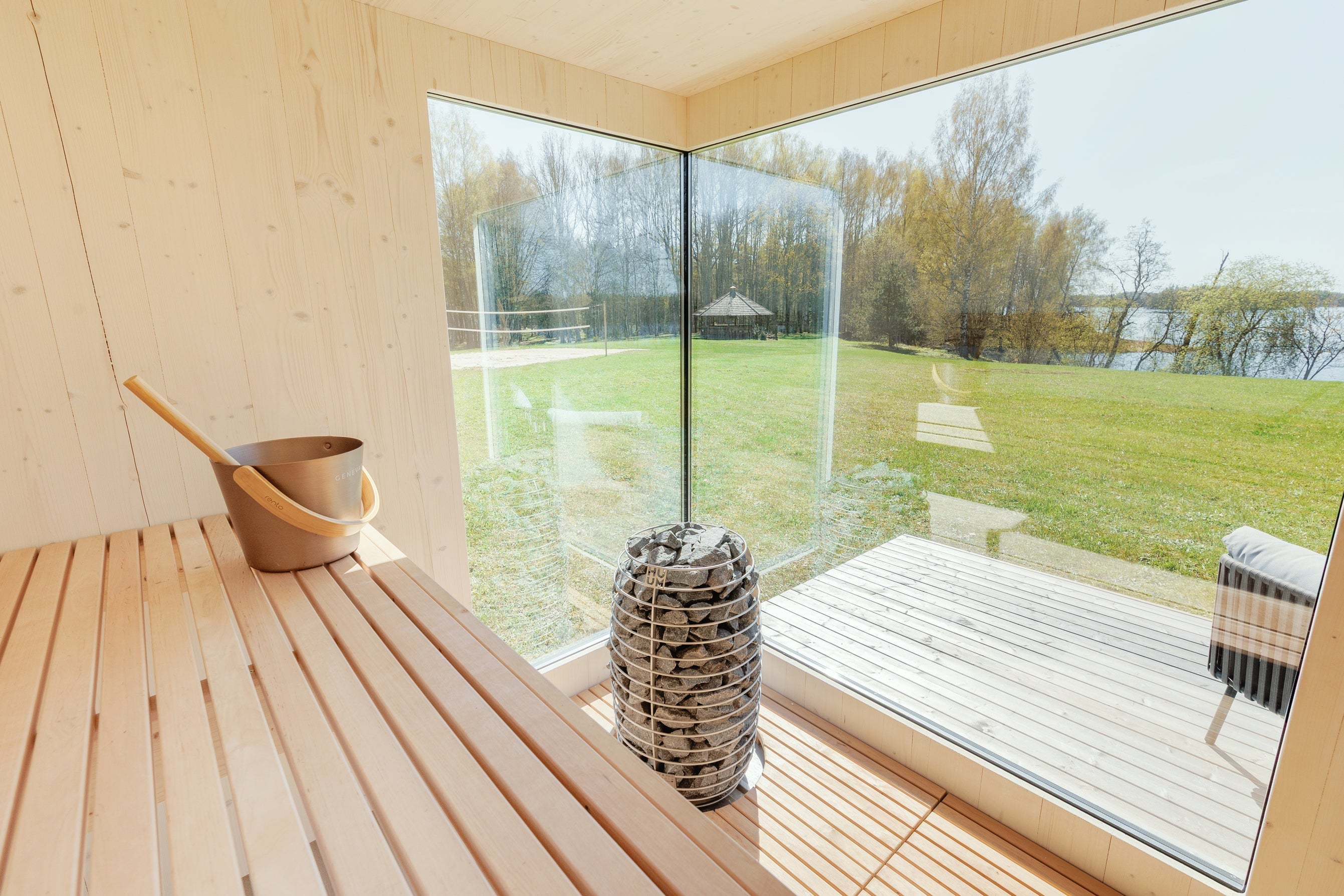 Genevas St. Moritz Pre-Assembled Outdoor Sauna with Lounge & Shower Cabin
