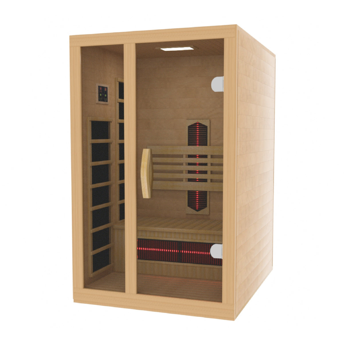 Wood infrared sauna cabin interior with bench, heater panels, and side ventilation grilles