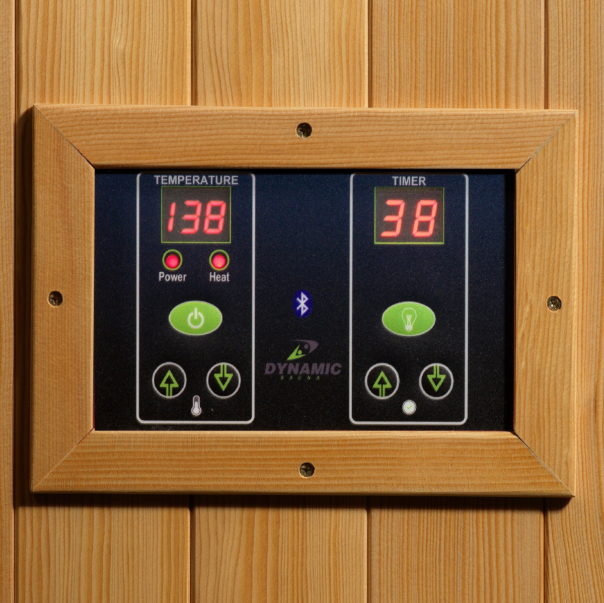 Wood sauna control panel with temperature and timer displays