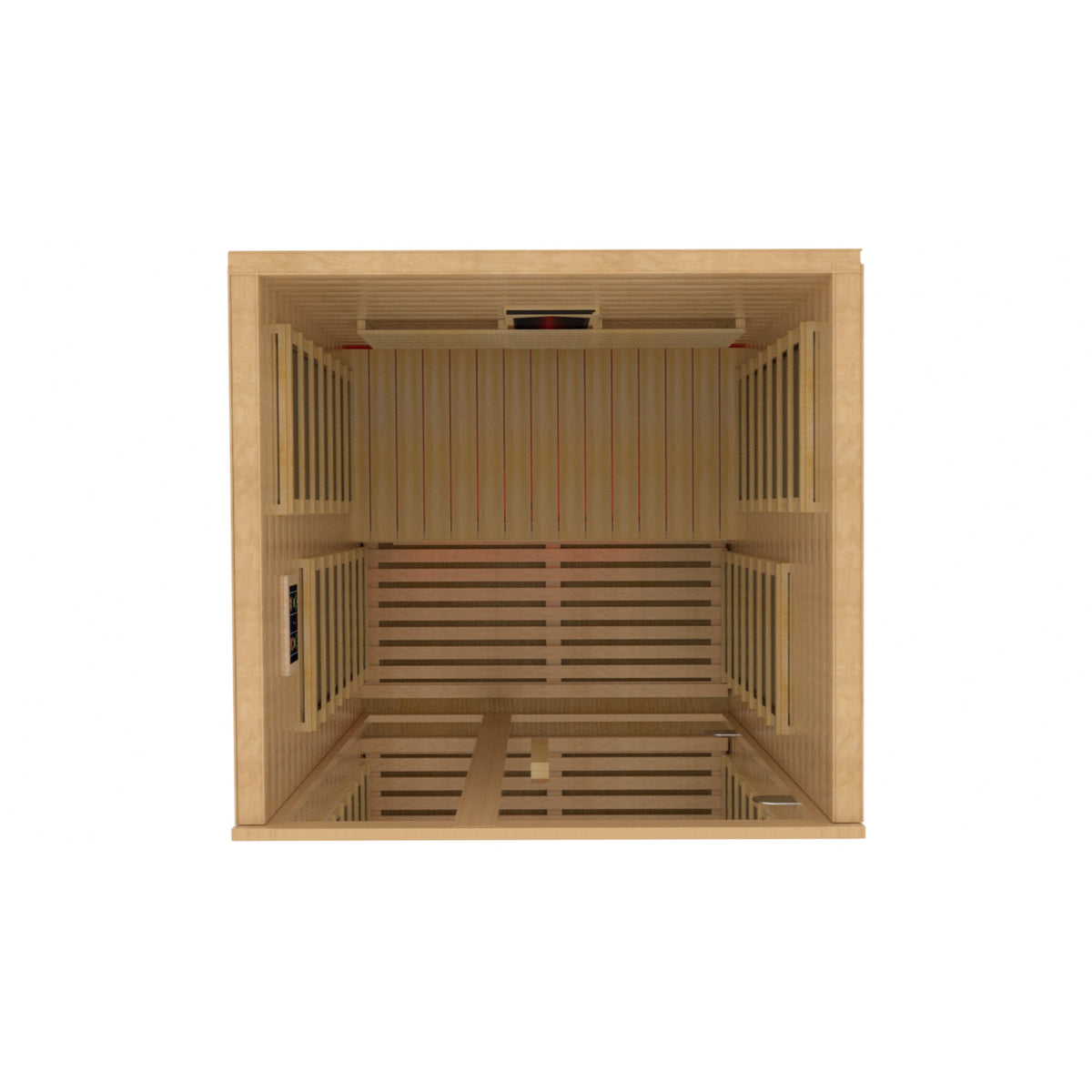 Wood infrared sauna interior with back heater section and slatted wall panels