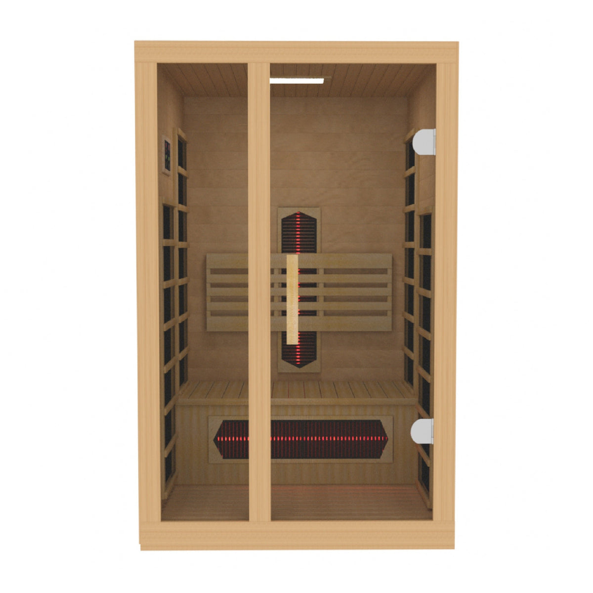 Wood infrared sauna interior view with bench seating and vertical heater panels