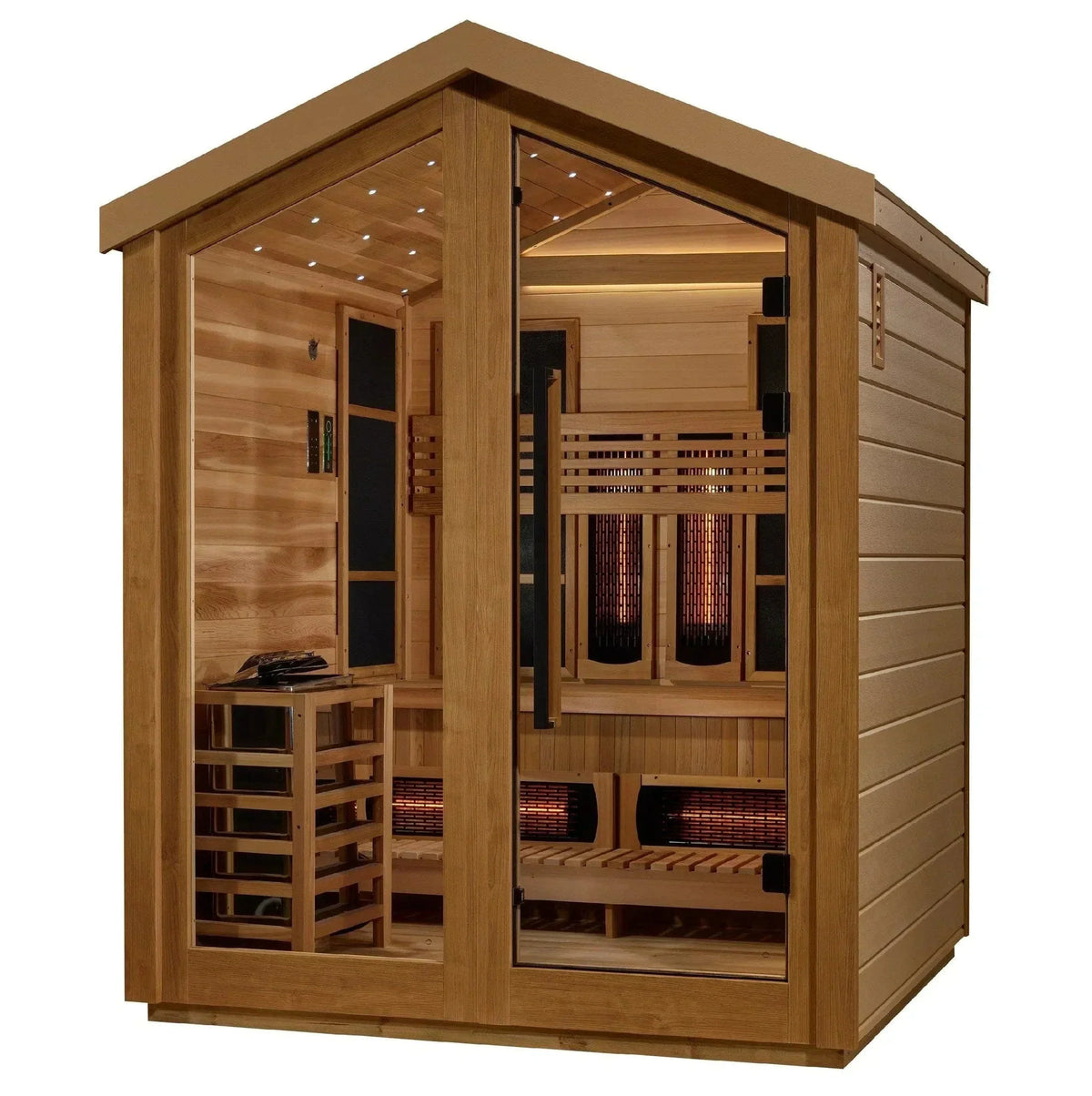 Golden Designs Hanko Edition GDI-7202-01 2-person indoor traditional sauna cabin featuring a premium Canadian Hemlock wood exterior.