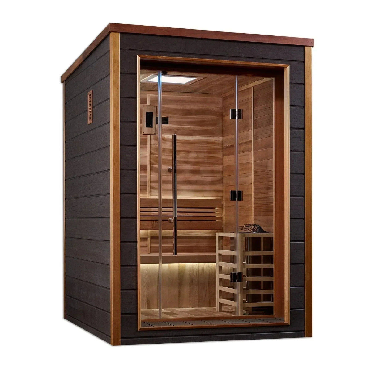 Golden Designs Narvik 2 Person Outdoor Traditional Sauna GDI-8202-01 – compact luxury cedar wood backyard sauna with Harvia heater and modern wellness features for home spa relaxation