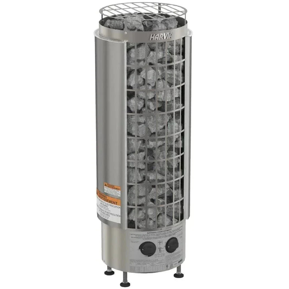 Harvia cylindrical sauna heater with stone-filled inner grid and control dials