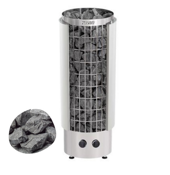 Harvia cylindrical sauna heater with metal frame and dark sauna stones