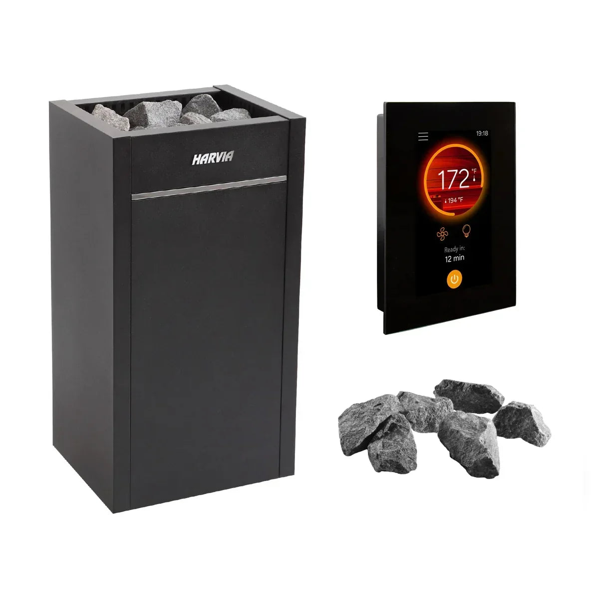 Dark gray electric sauna heater with black Xenio control panel and gray stones