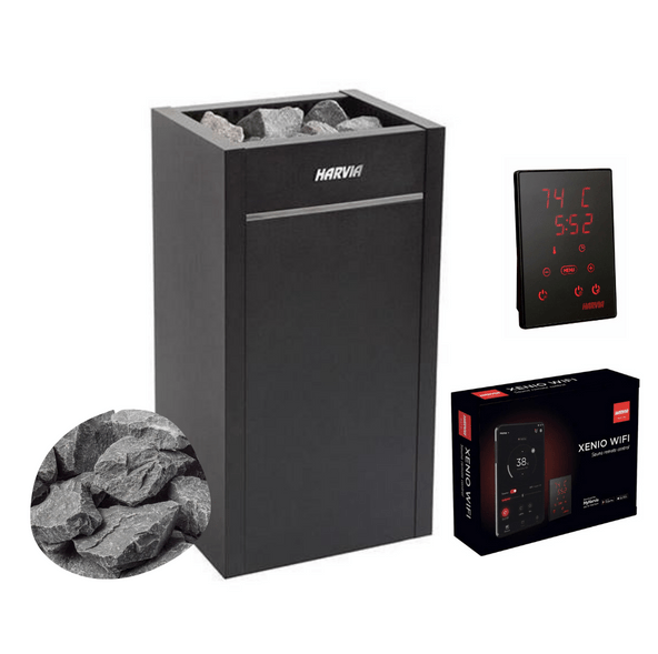 Electric sauna heater package with control panel and included sauna stones