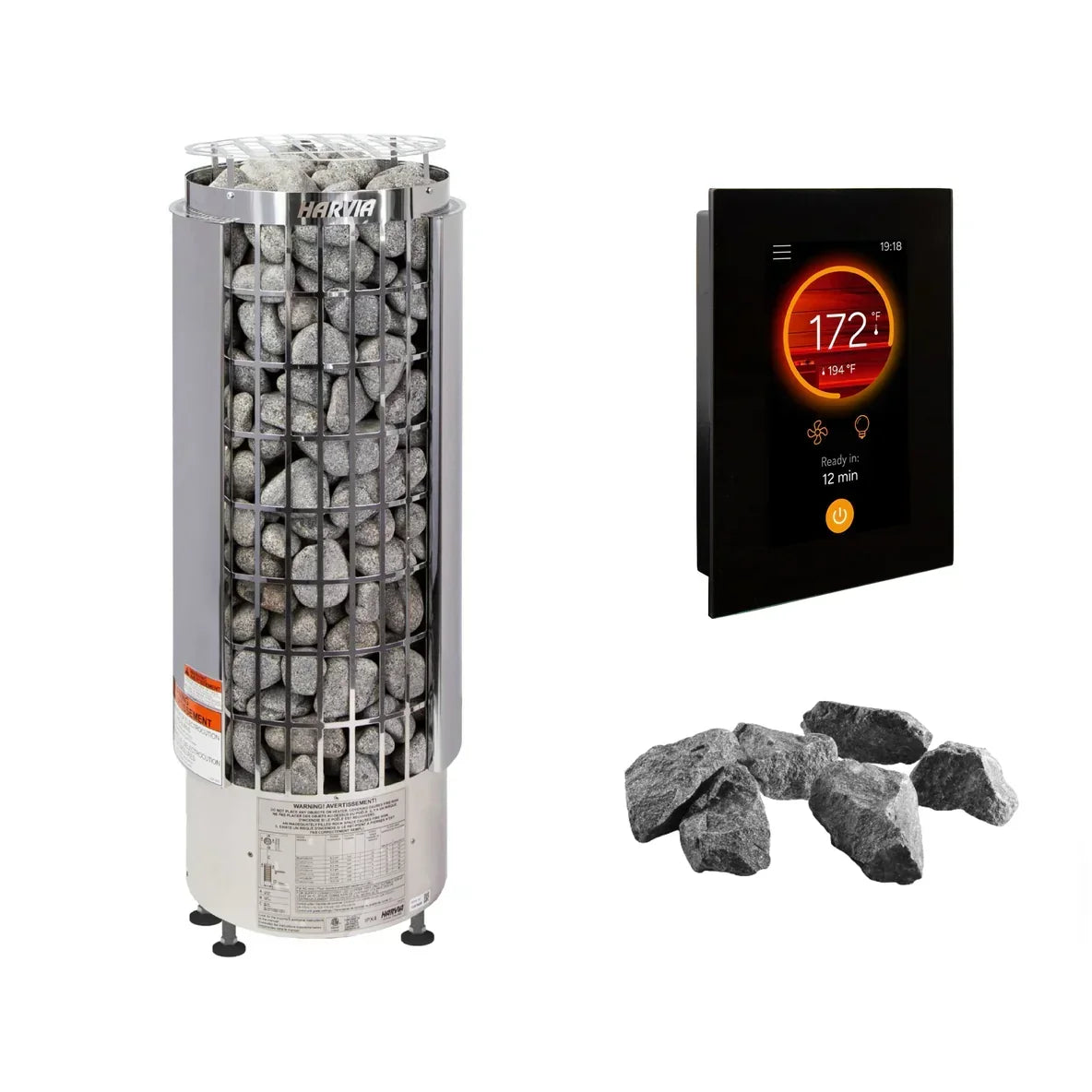 Sauna heater with stone-filled cylinder and black digital control panel