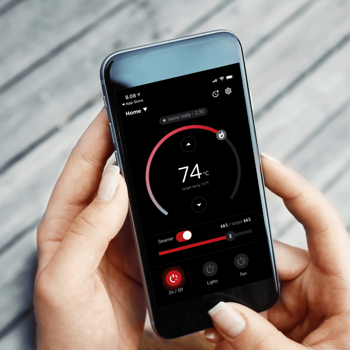 Smartphone app controlling Harvia sauna heater with temperature readout