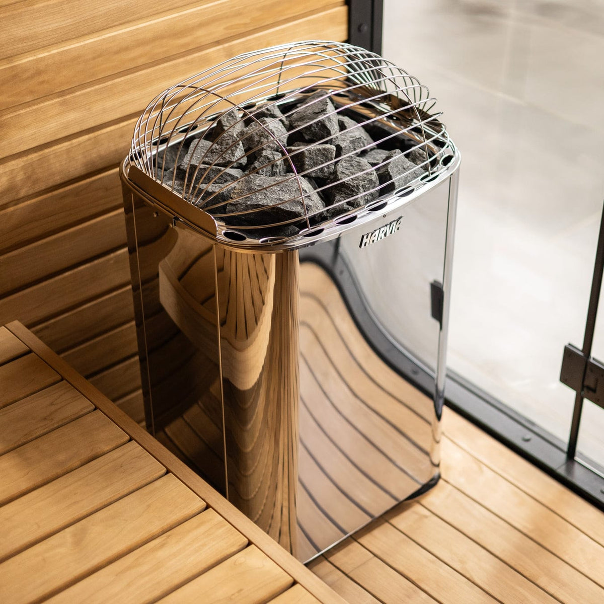 Harvia stainless sauna heater with stone-filled wire guard