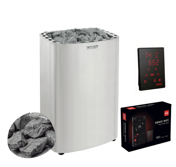 White electric sauna heater with dark stones, plus digital control display and WiFi module