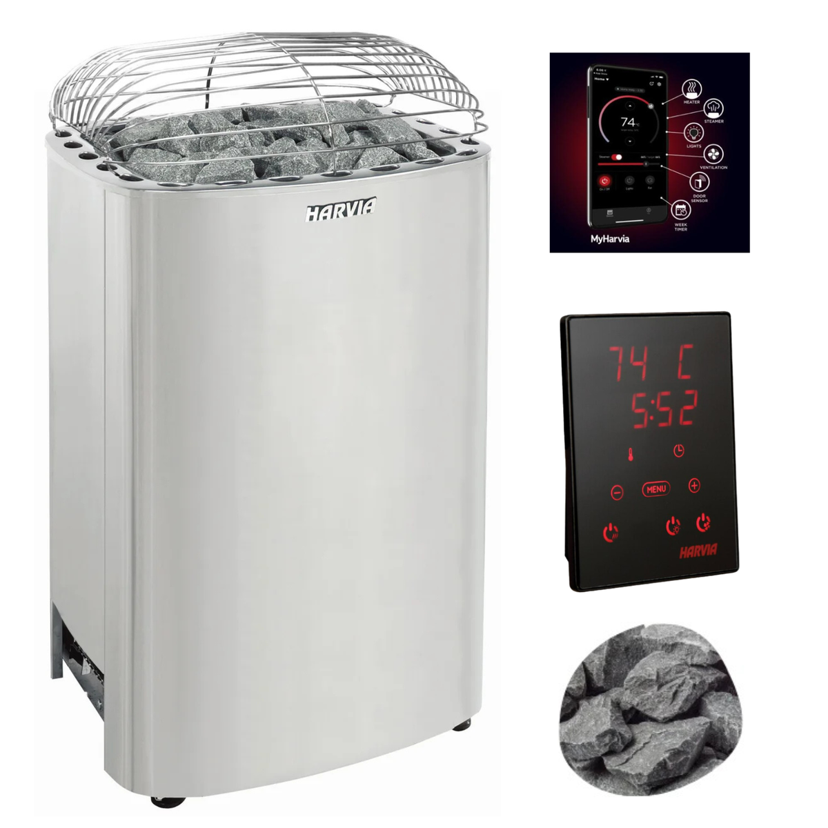Harvia sauna heater with metal guard, gray stones, and digital control display
