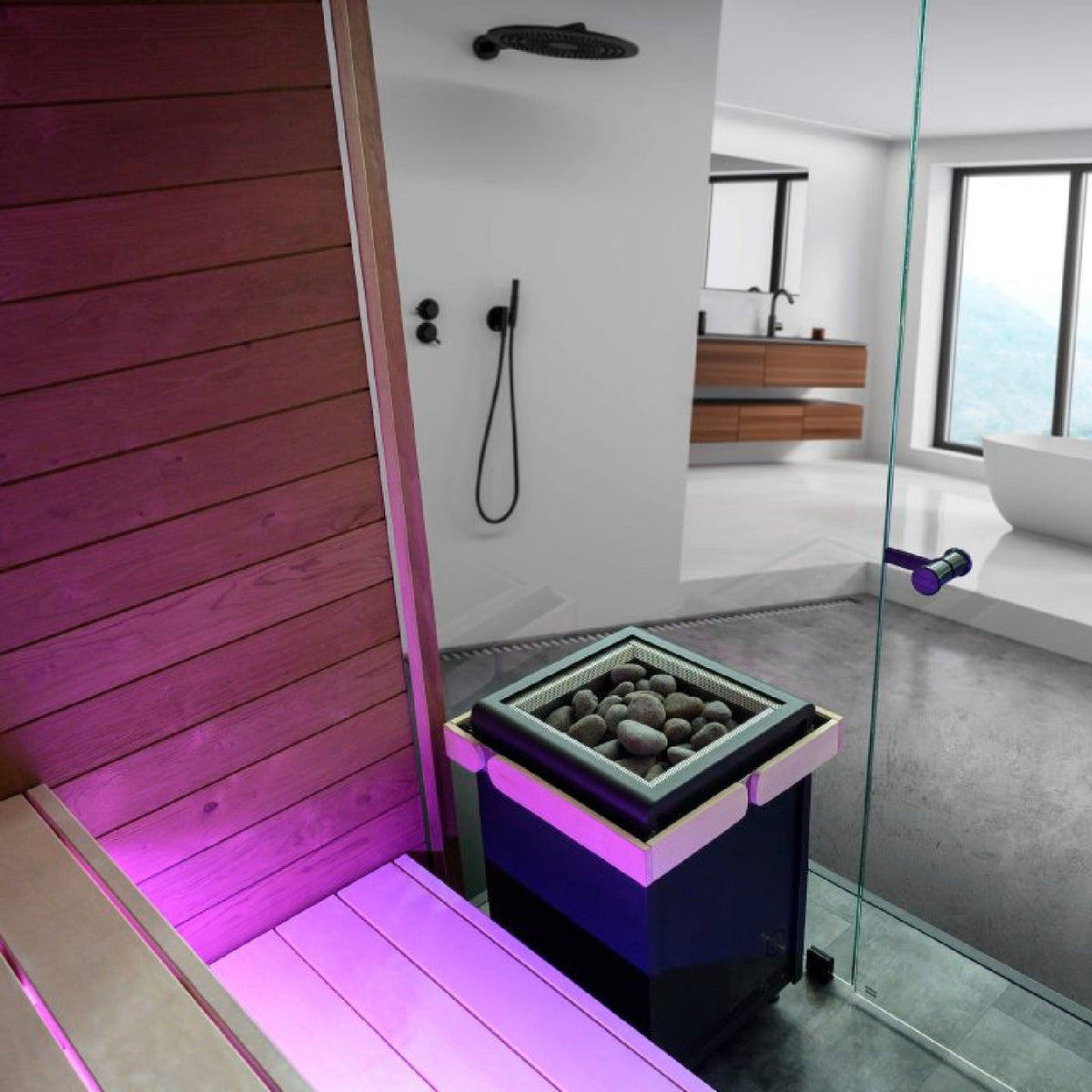 Electric sauna heater with stone tray and dark rocks, placed in a glass-walled corner