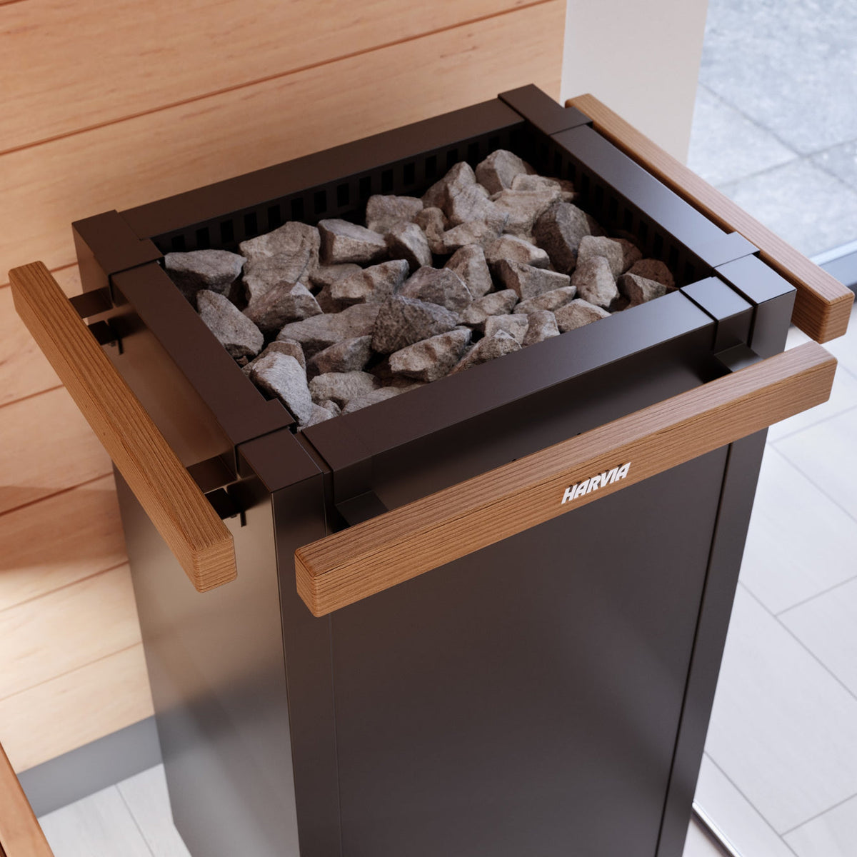 Electric sauna heater with open top stone bed in black metal frame and wood handles
