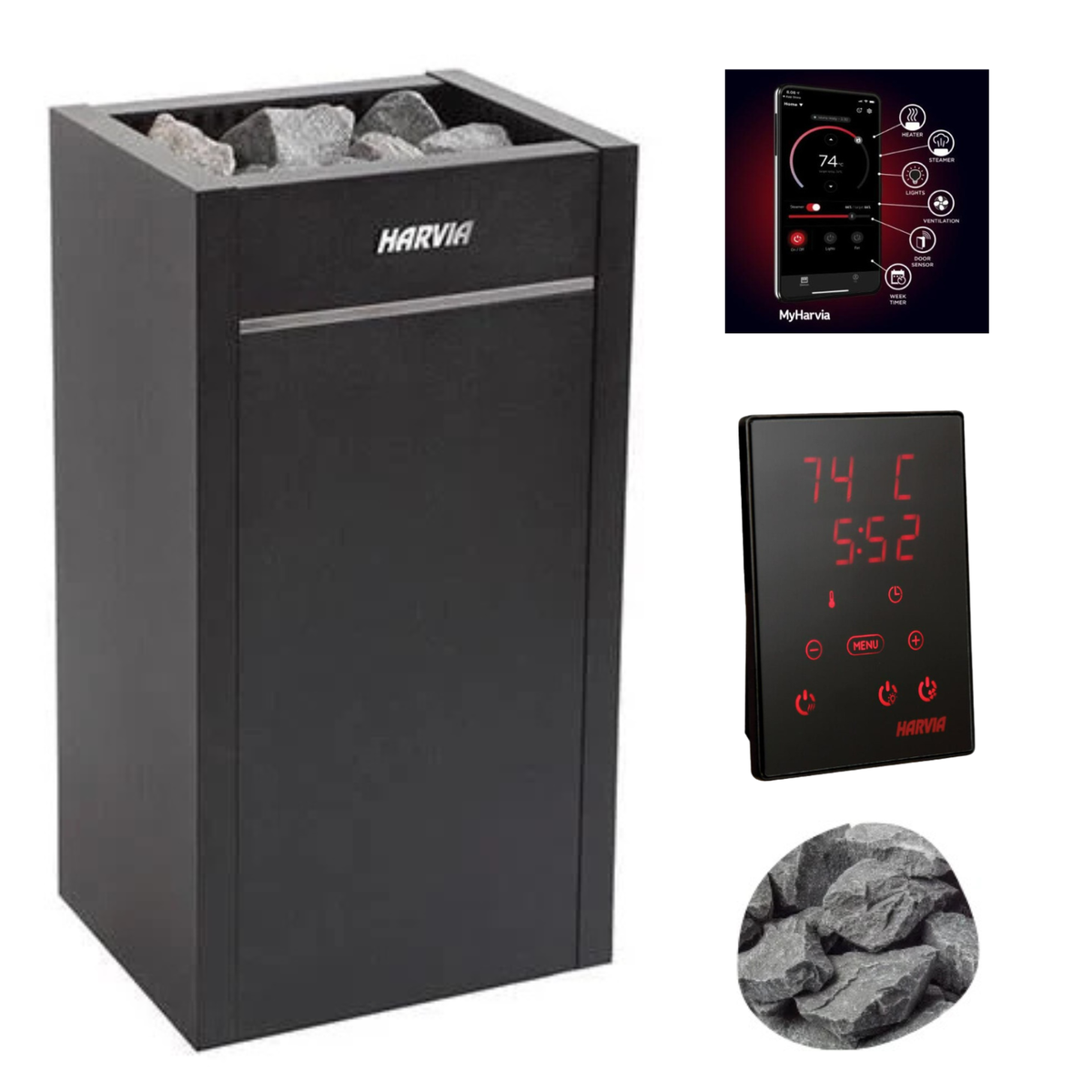 Electric sauna heater with rocks and Xenio control display, dark metal cabinet