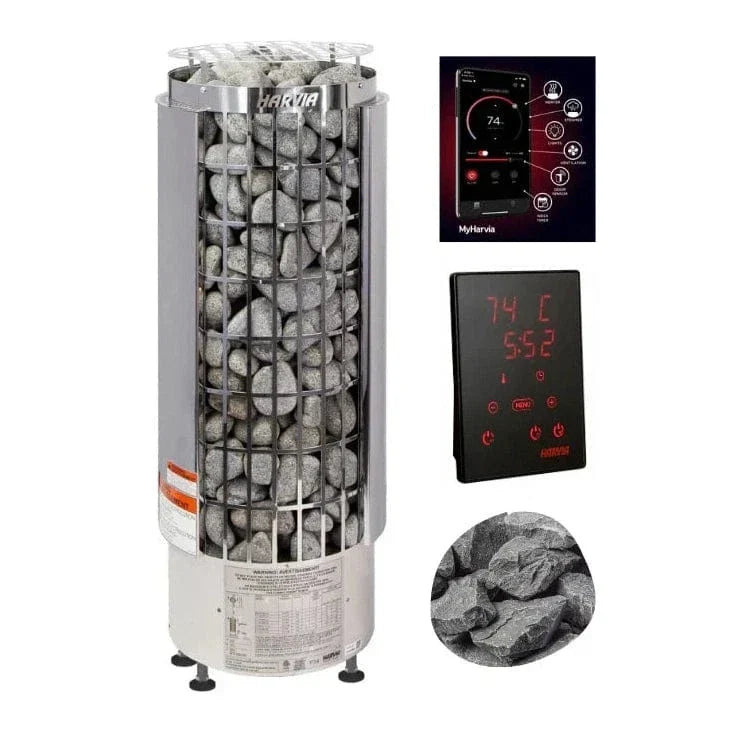 Cylindrical electric sauna heater with stone-filled basket and included control display