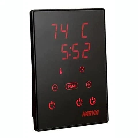 Black sauna heater control panel with red LED temperature display and buttons