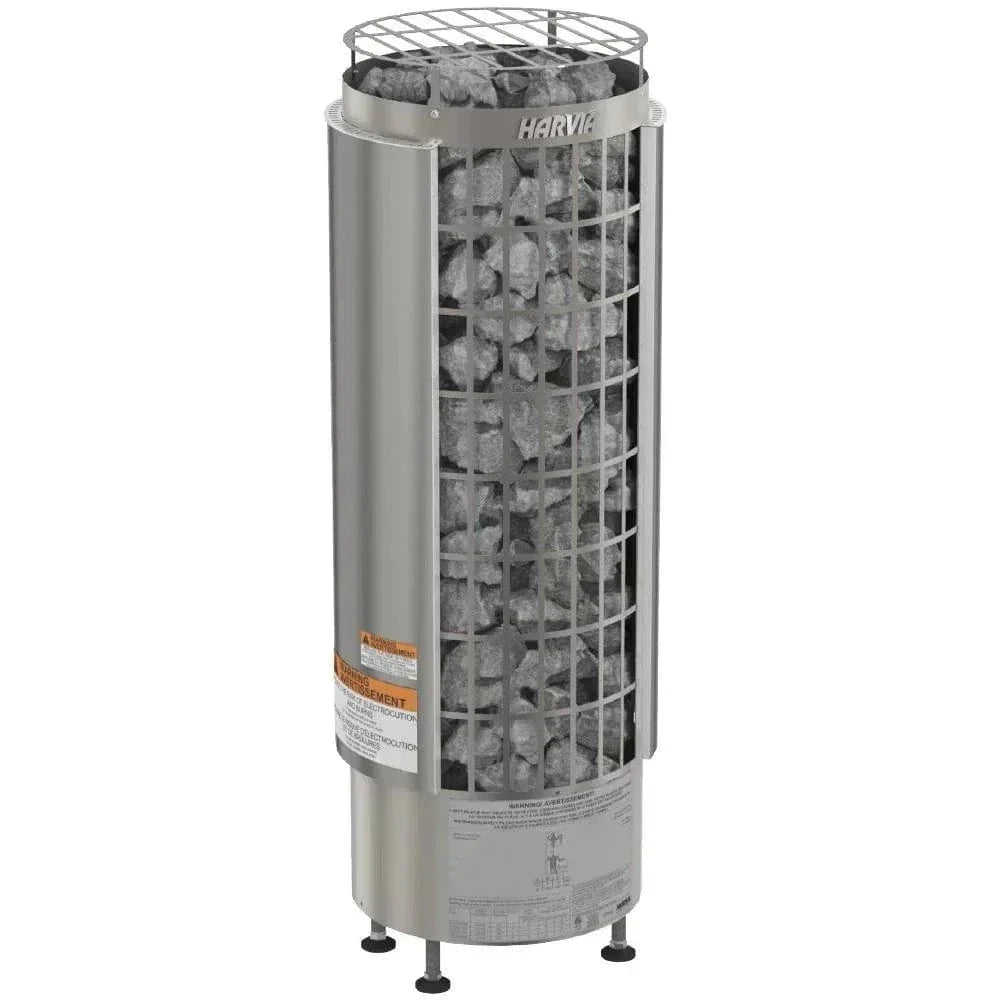 Tall stainless-steel sauna heater cylinder with visible stone basket and top grille