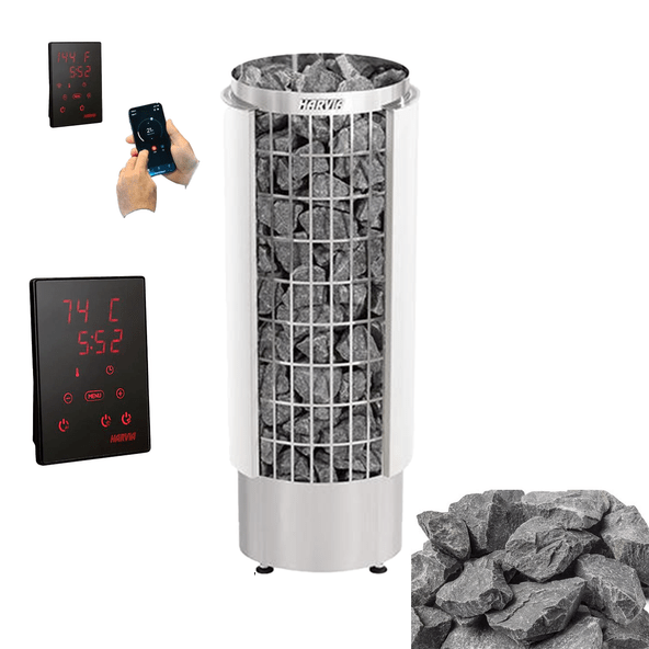Electric sauna heater with stone-filled core and separate black temperature control panel