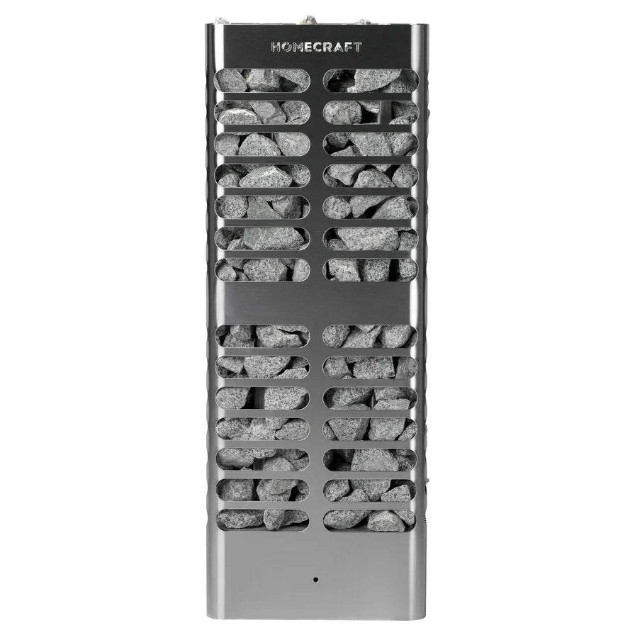 Slim electric sauna heater with gray stones in a stainless steel front grille