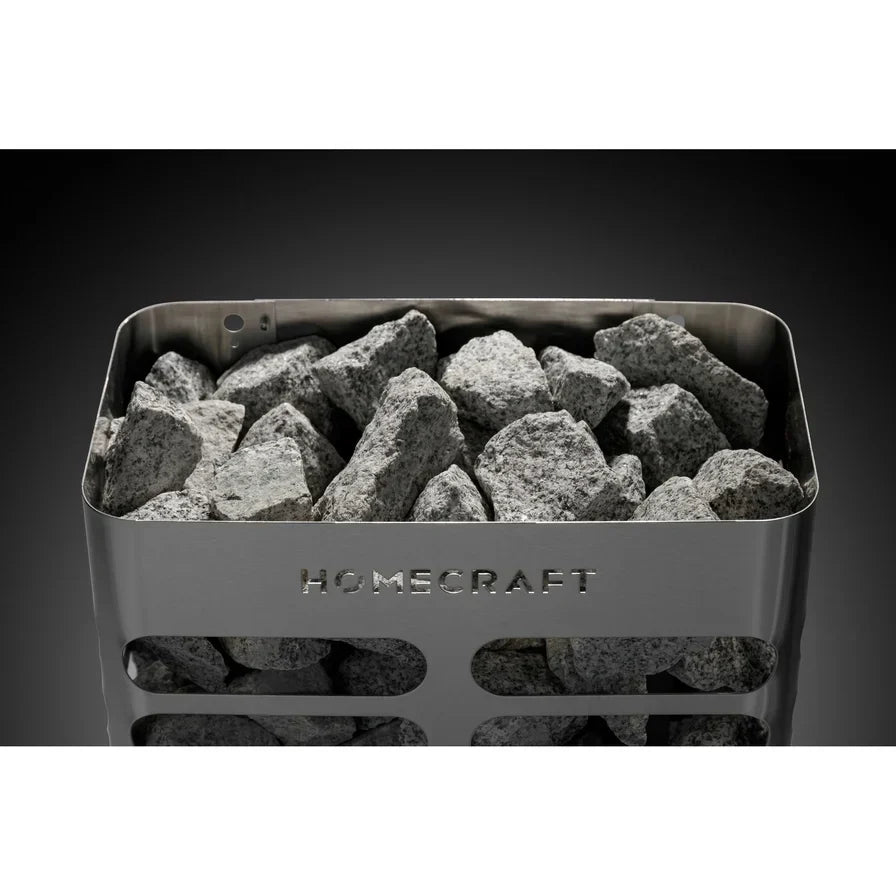 Stainless sauna heater top basket filled with gray rocks above the front grille