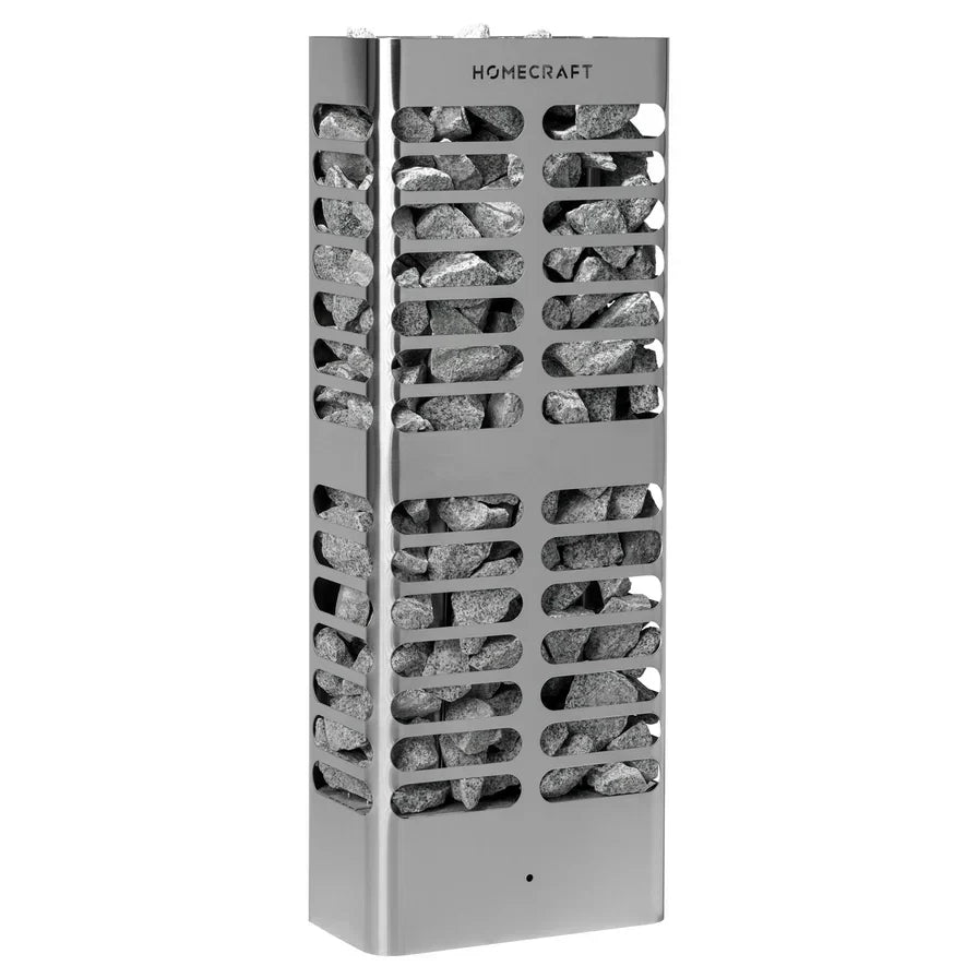 Freestanding sauna heater with HOMECRAFT label, stainless body, and gray stone fill