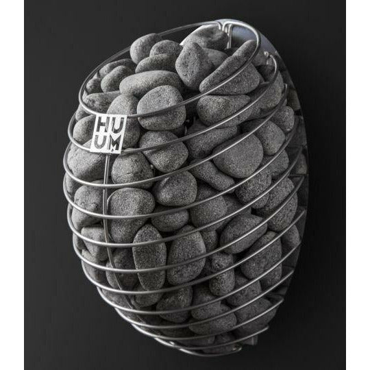 HUUM electric sauna heater with gray stones and stainless outer frame