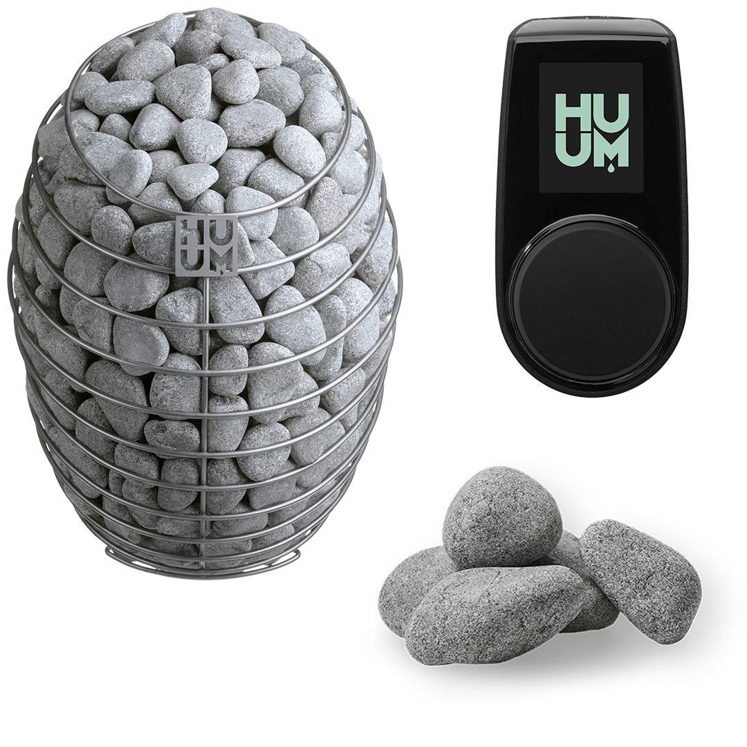 Electric sauna heater with gray sauna stones and HUUM control unit