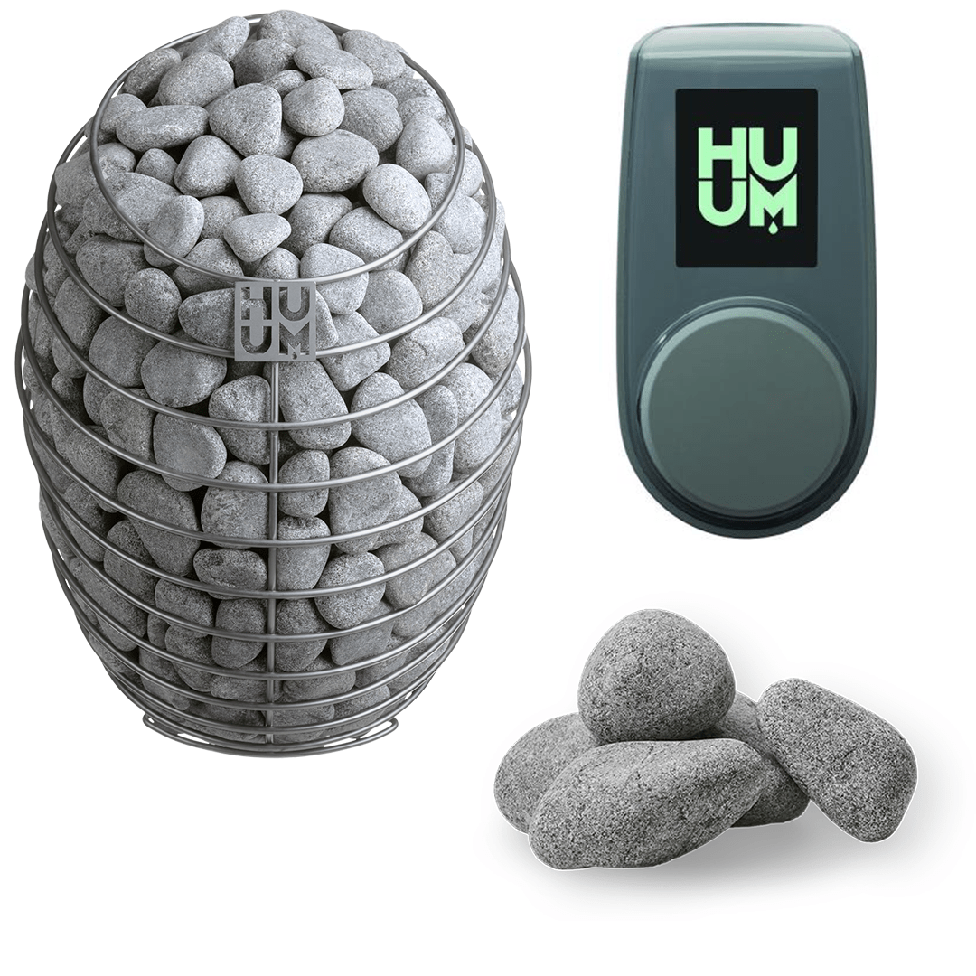 Electric sauna heater with gray stones and green-toned HUUM control unit
