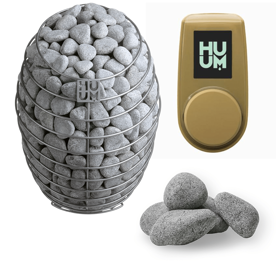 Electric sauna heater with gray stones and gold HU control unit