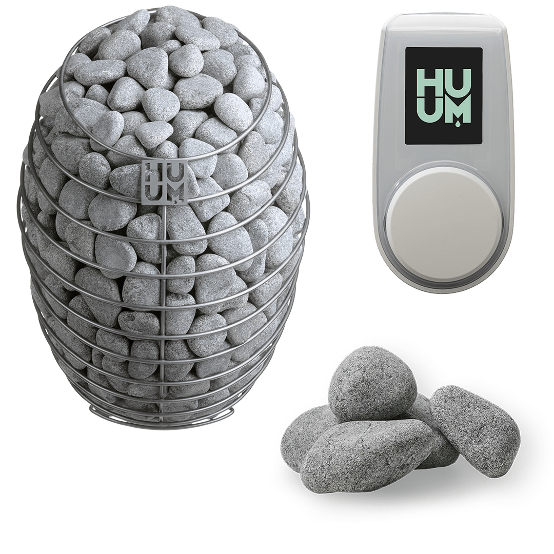 Electric sauna heater with gray stone basket and white HU control unit