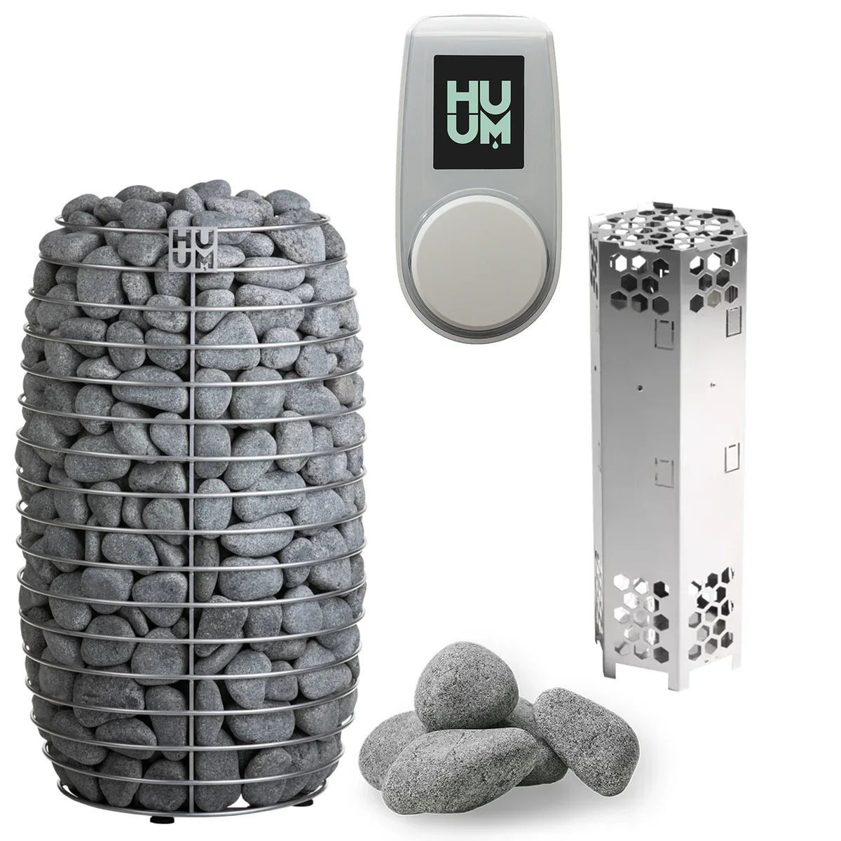 Electric sauna heater with gray stones, light control unit, and metal tunnel heater