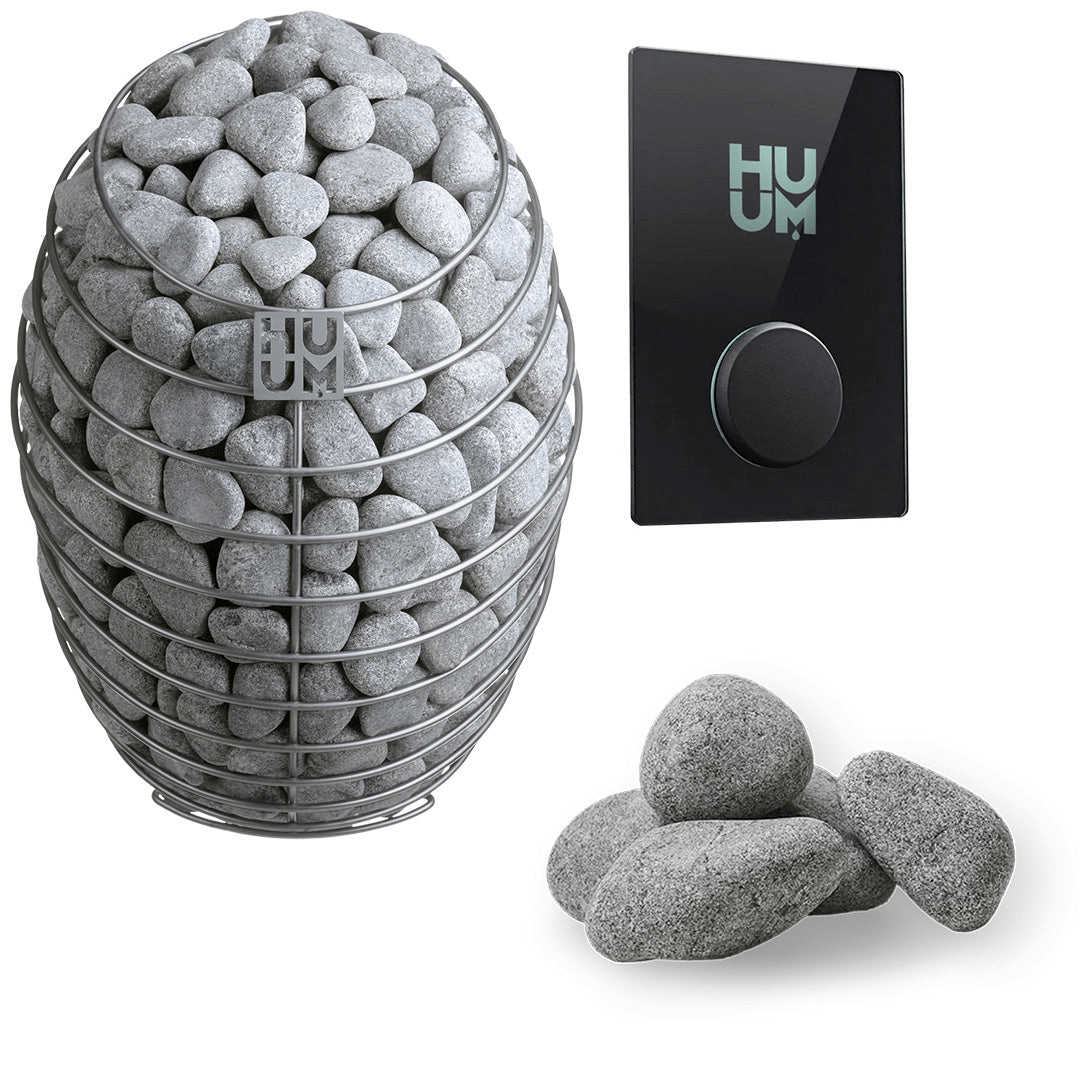 Electric sauna heater with gray stones and black HU control panel