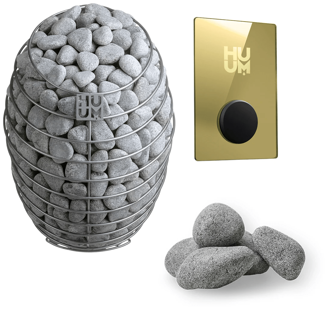 Electric sauna heater with gray stones and yellow-gold HU control panel