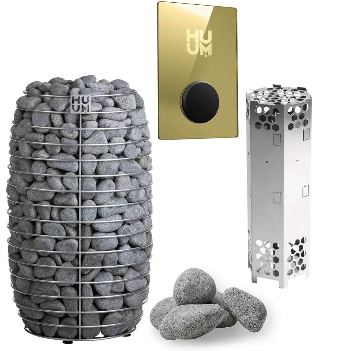 Electric sauna heater with gray stones, gold control panel, and metal tunnel heater