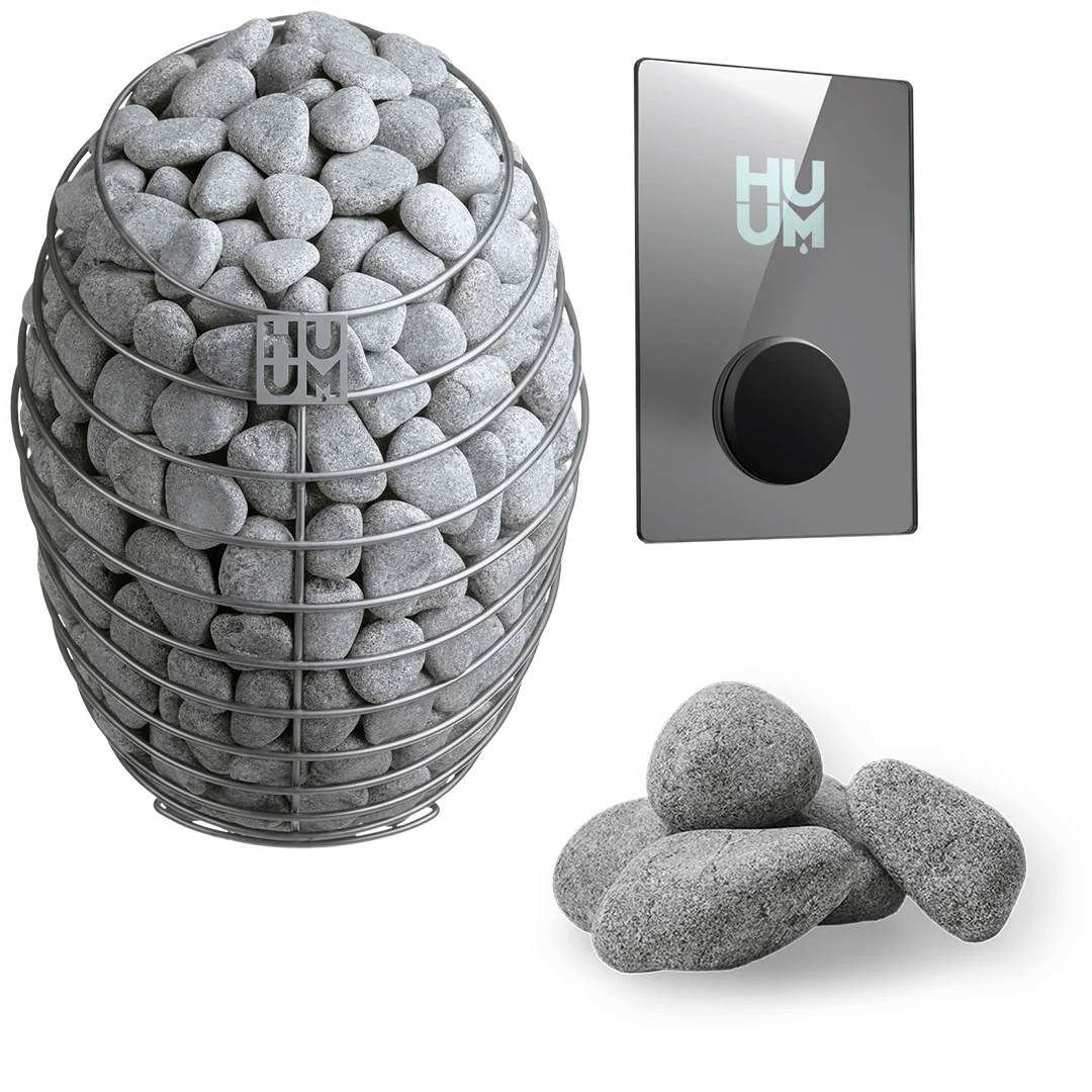 Electric sauna heater with gray stones and silver HU control panel
