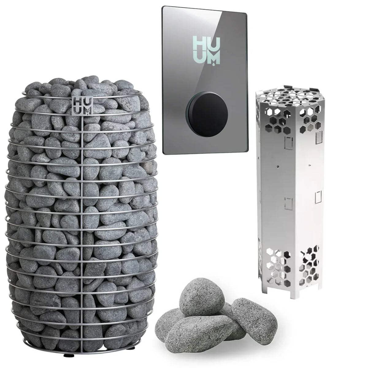Electric sauna heater with dark control panel, gray stones, and stainless side frame