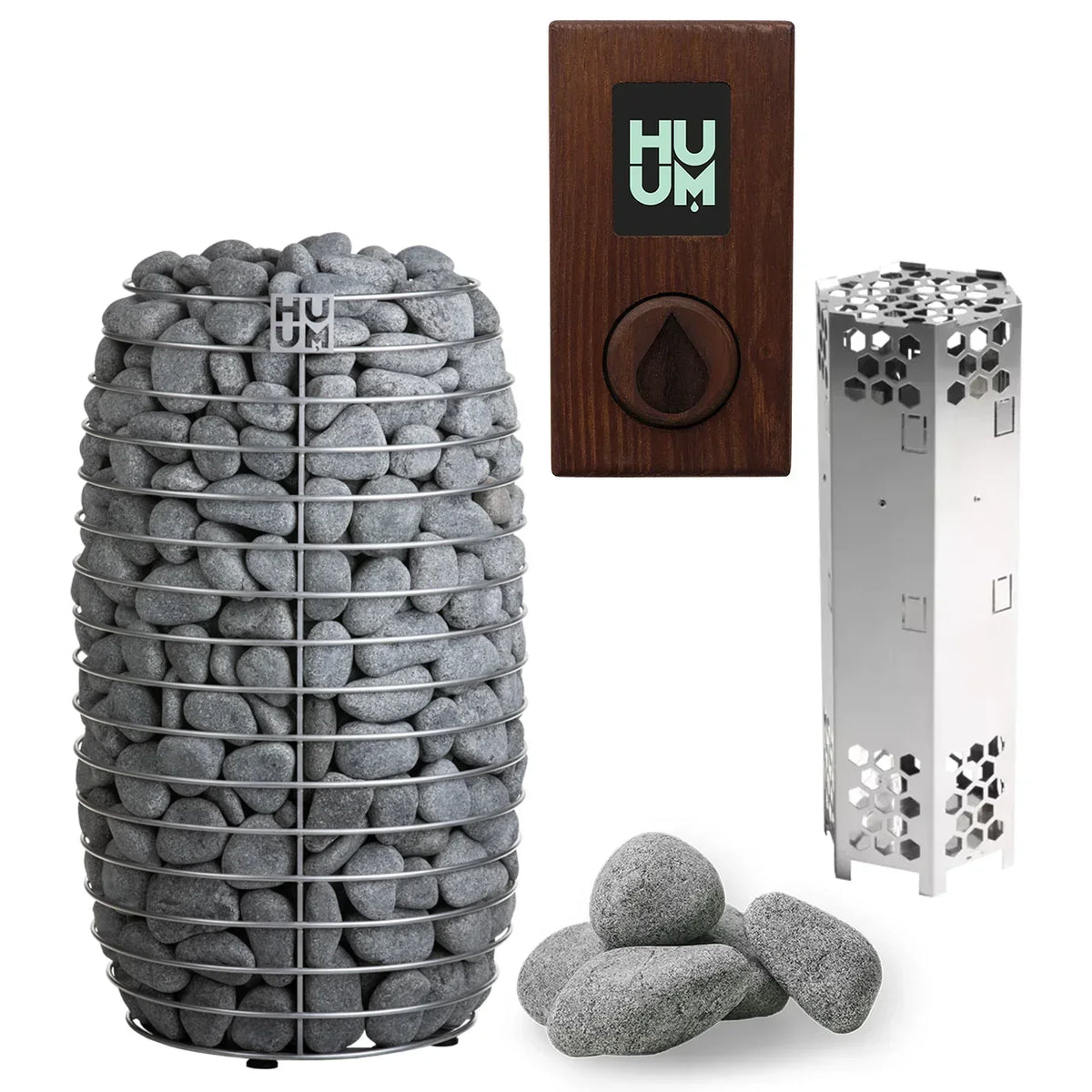 Electric sauna heater set with gray stones, wood-style control panel, and vented stainless steel body