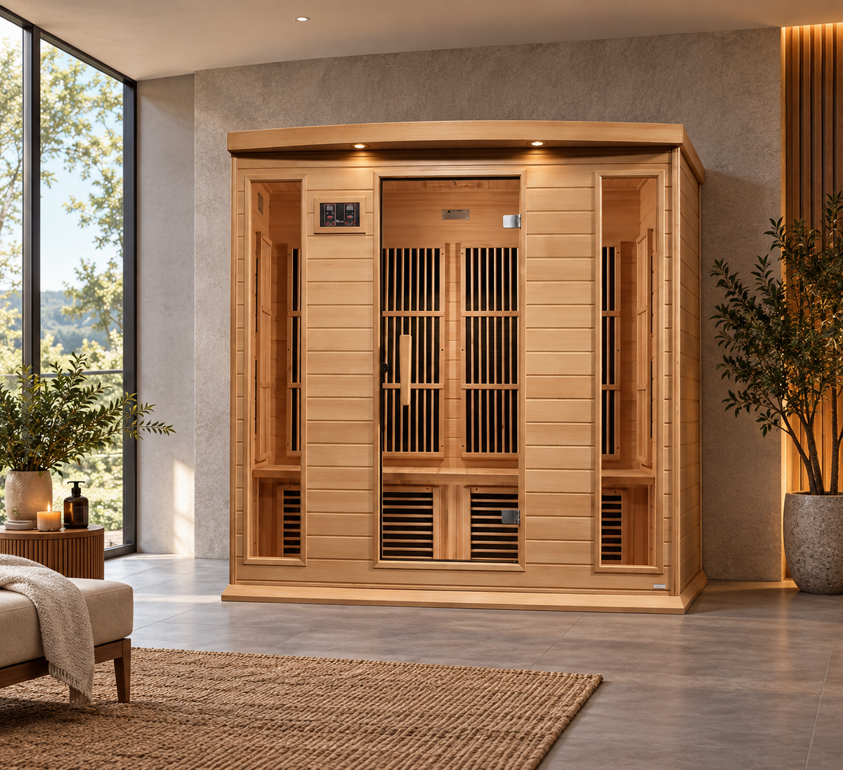 Maxxus near-zero EMF far infrared sauna exterior view with side doors and warm glow