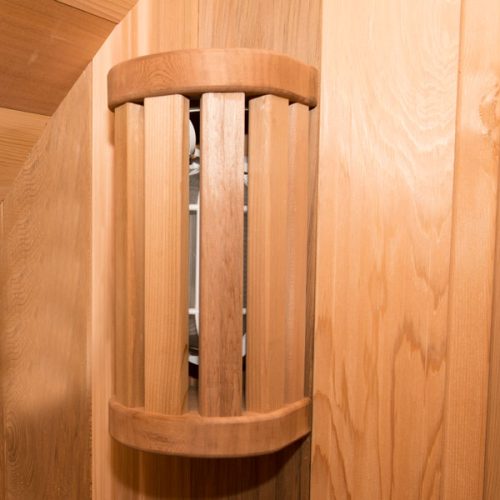 Wooden shower enclosure with circular handle from dundalk luescraft sauna