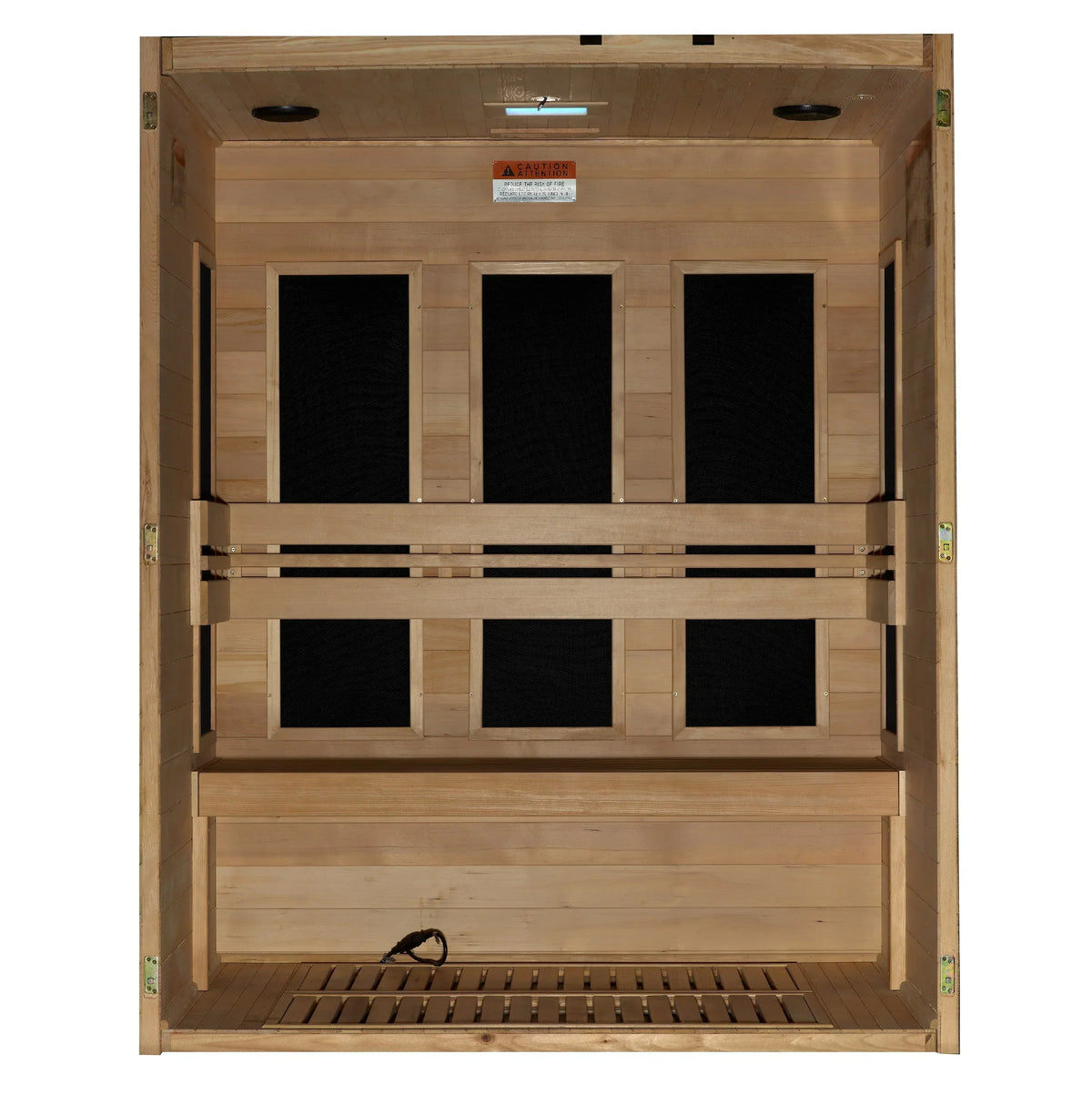 3-person infrared sauna interior with tiered wooden benches and black heater panels