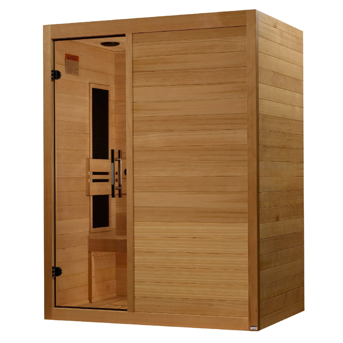 3-person infrared sauna cabinet with light wood panels and hinged door