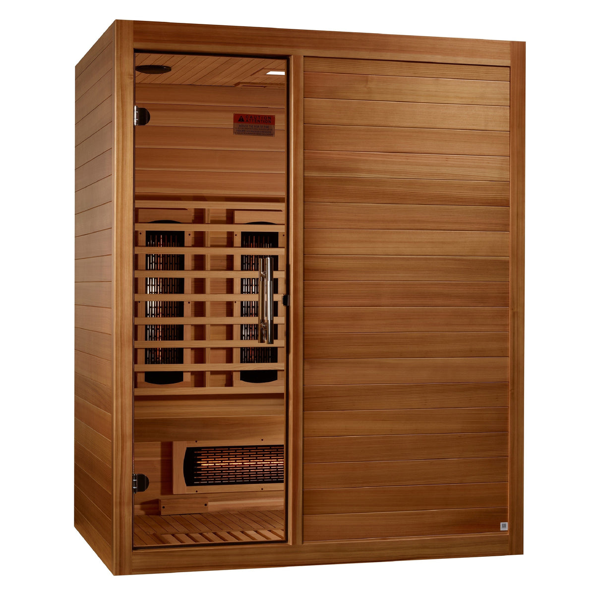 Golden Designs S-Line MX-S306-01-FS-PC Maxxus 3-person full spectrum infrared sauna made with premium Pacific cedar wood, featuring low EMF heating panels, chromotherapy lighting, and built-in Bluetooth audio system for home wellness and relaxation.