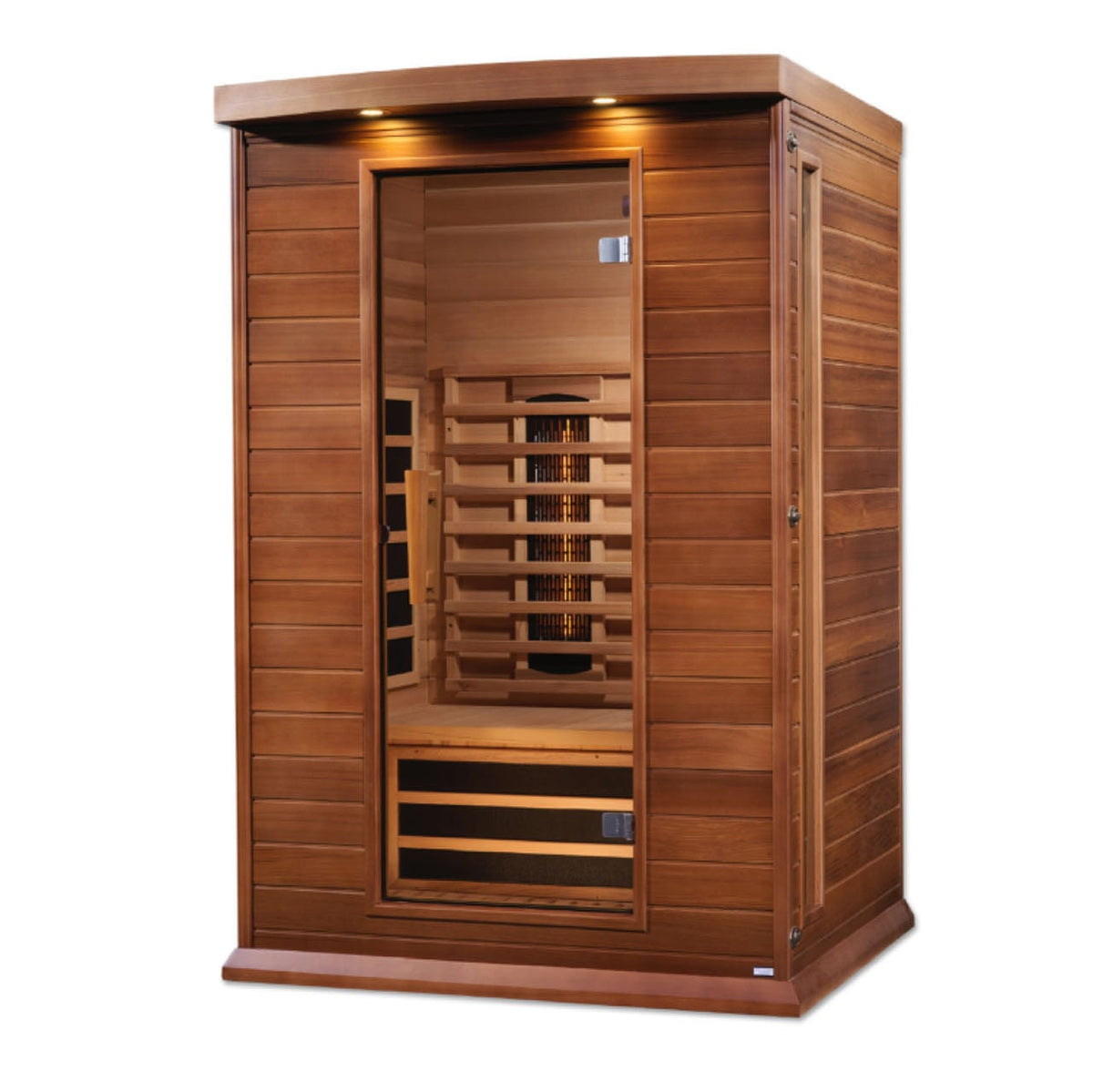 MX-M206-01-FS CED Maxxus 2 Person Full Spectrum Infrared Sauna in Canadian Red Cedar with near zero EMF heating, Bluetooth audio system, chromotherapy lighting, and built-in floor heater for home wellness and relaxation.