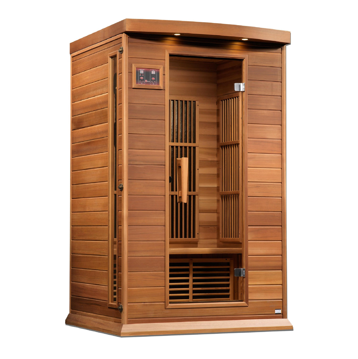 MX-K206-01-ZF CED  Maxxus 2-Person Near Zero EMF Far Infrared Sauna made from Canadian Red Cedar with Bluetooth, chromotherapy lighting, and PureTech heating panels for home wellness and relaxation.