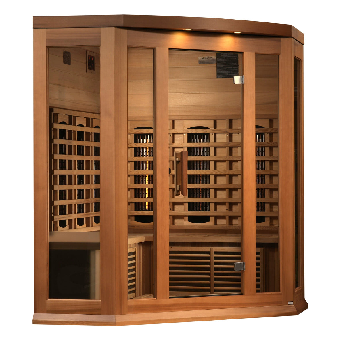 MX-M356-01-FS CED Maxxus 3-Person Corner Full Spectrum Infrared Sauna crafted from Canadian Red Cedar with Near Zero EMF heating panels, chromotherapy lighting, privacy glass, and premium indoor wellness design.