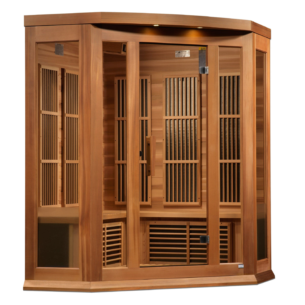 MX-K356-01-ZF CED Maxxus 3-Person Corner Near Zero EMF Far Infrared Sauna made from Canadian Red Cedar with Bluetooth audio, chromotherapy lighting, and space-saving corner design for home wellness