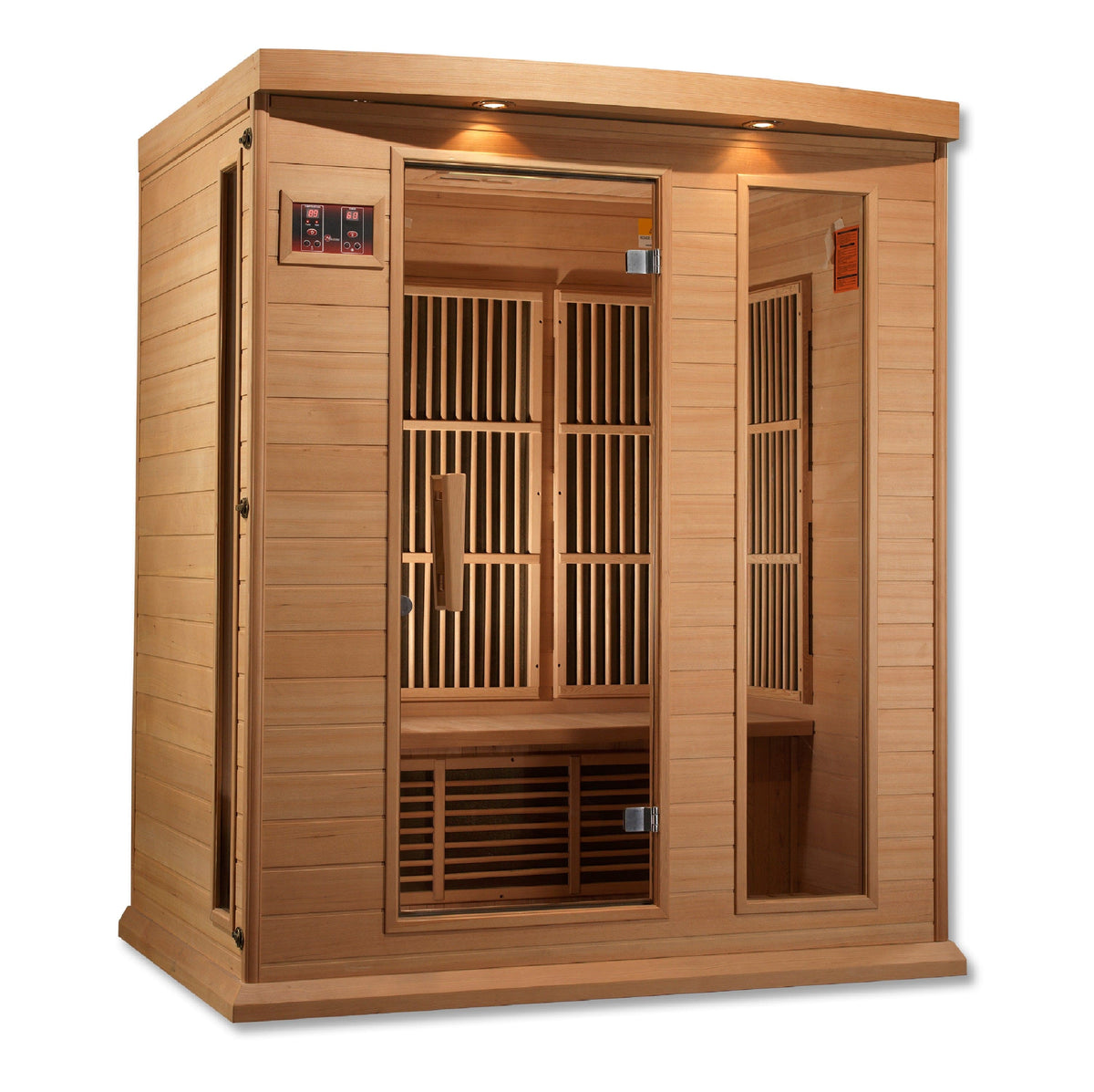 MX-K306-01  Maxxus 3-Person Low EMF FAR Infrared Sauna MX-K306-01 made from Canadian Hemlock wood for home wellness, muscle relaxation, and full-body recovery