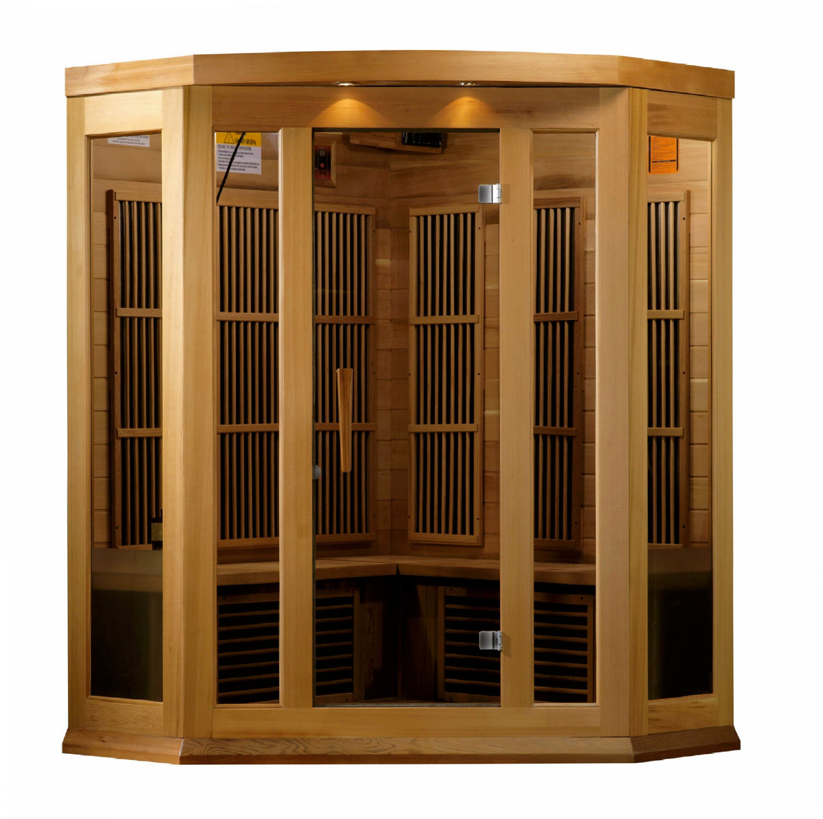 MX-K356-01 CED Maxxus 3-Person Low EMF Far Infrared Corner Sauna made from Canadian Red Cedar wood for home wellness and relaxation